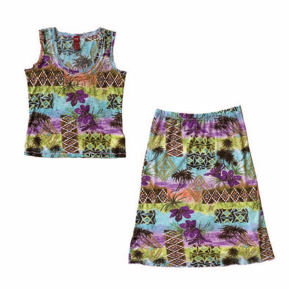 Olsen Europe Tropical Print 2 Pc Skirt Set Beaded Tank Top Size 8 Made in Greece